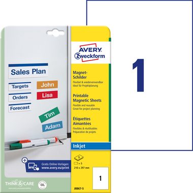 AVERY Zweckform, AVERY ZWECKFORM Magnet-Schilder 210x297mm J8867-5 Inkjet 5 Stk./5 Bl.