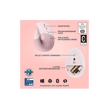 Logitech, Logitech - Lift Maus rechts RF Wireless + Bluetooth Optisch 4000 DPI, Pink