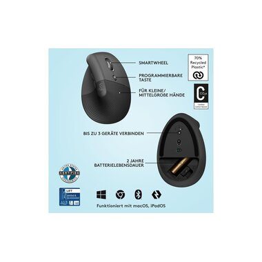 Logitech, Logitech Lift Vertical Ergonomic Mouse Ergonomische Maus Bluetooth®, Funk Optisch Graphite 6 Tasten 4000 dpi