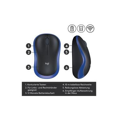 Logitech, Logitech Kabellose Ergonomische Maus Beidhändig M185 Blau