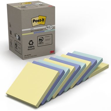 Post-it, Post-it Recycelte Haftnotizen 76 x 76 mm Pastell 100 Blatt Vorteilspackung 8 + 2 Gratis