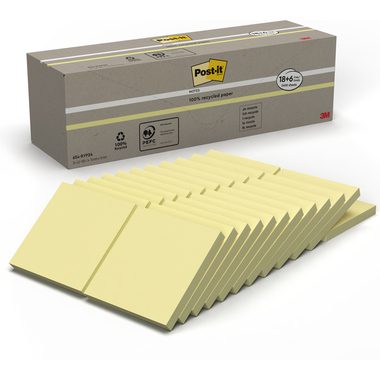 Post-it, Post-it Recycelte Haftnotizen 76 x 76 mm Kanariengelb 70 Blatt Vorteilspackung 18 + 6 Gratis