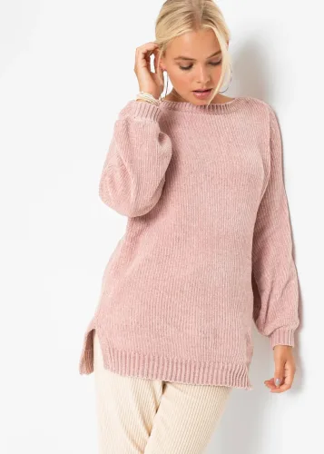 bonprix, bonprix Longpullover "Chenille-Longpullover" aus Chenille, mit breitem U-Boot-Ausschnitt, hinten etwas länger
