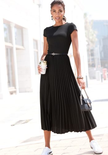 Lascana, LASCANA Midikleid "mit Plisseerockteil, bügelfreie Qualität" Ohne Taschen elegantes Sommerkleid, Festkleid, Plisseekleid, modisch
