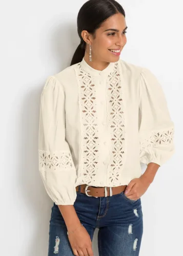 bonprix, bonprix Bluse mit Spitze aus softem Viskose-Mixweiß 38Damen