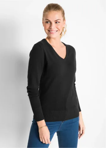 bonprix, bonprix Strickpullover "Feinstrickpullover" aus Baumwollmischung, mit V-Ausschnitt, schmale Passform
