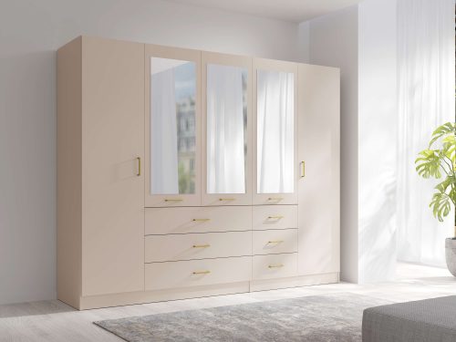Home affaire Kleiderschrank »KOS Garderobe mit 6 Schubladen, Kleiderstange, 5 Einlegeböden, Spiegel« Kleiderschrank mit 5 Türen, goldenen Griffen, Masse B/H/T 250/200/58 cm