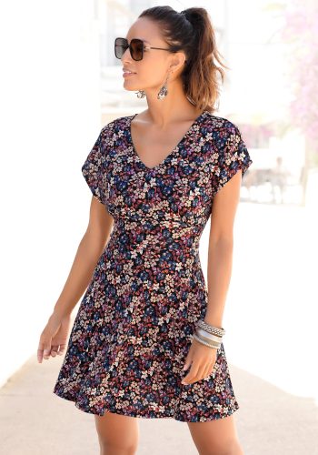 Vivance, Vivance Sommerkleid "mit Blumendruck und V-Ausschnitt" Ohne Taschen leichtes Strandkleid, geblümtes Jerseykleid, Blumenkleid