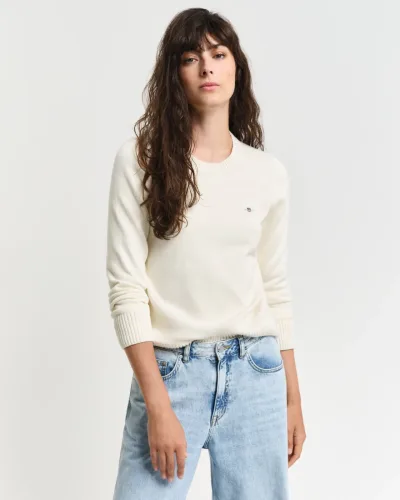 Gant, Gant - Strickpullover -CLASSIC COTTON C-NECK, für Damen, Beige, Größe XL