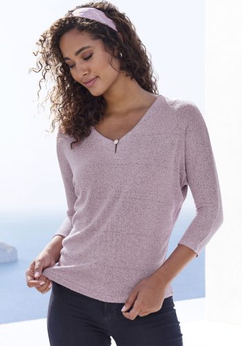 LASCANA 3/4-Arm-Shirt »mit Strassknopf in Blütenform«, aus leichtem Feinstrick in Melange Optik