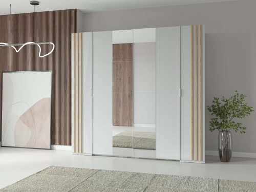 HOME AFFAIRE, Home affaire Kleiderschrank »Kleiderschrank Calera mit Spiegel, 10 Einlegeböden und Kleiderstange«, Garderobe mit 2 Schwebetüren und 2 Drehtüren, BxHxT 219,6x207,5x62 cm