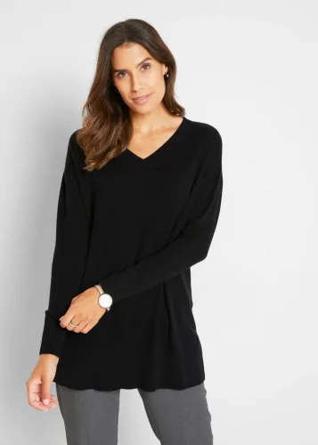 bonprix, bonprix Longpullover "Long-Pullover" Feinstrick-Baumwollmischung, mit V-Ausschnitt, mit Seitenschlitzen