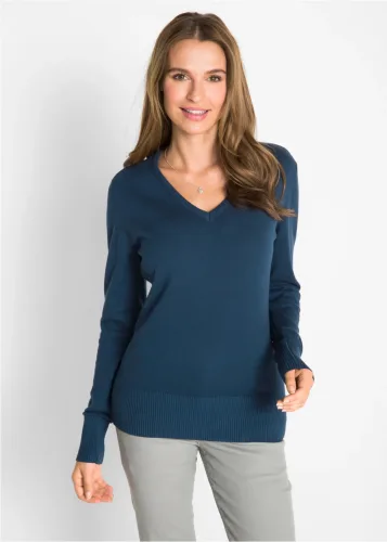 bonprix, bonprix Strickpullover "Feinstrickpullover" aus Baumwollmischung, mit V-Ausschnitt, schmale Passform