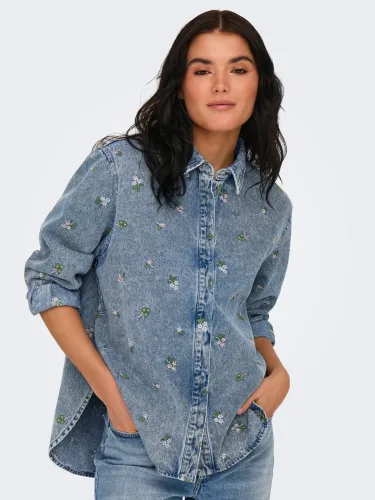 Only, Only - Geblümtes Jeanshemd, für Damen, Blau, Größe S