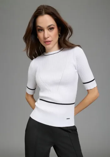 Bruno Banani, Bruno Banani Kurzarmpullover aus Rippstrick, mit Kontrast-Details, figurbetonte Passform