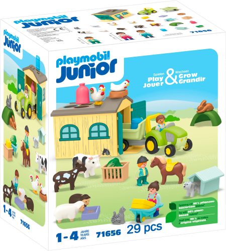 PLAYMOBIL, 71656 Junior: Bauernhof-Abenteuer mit Traktor, Anhänger und tierischen Freunden, Konstruktionsspielzeug