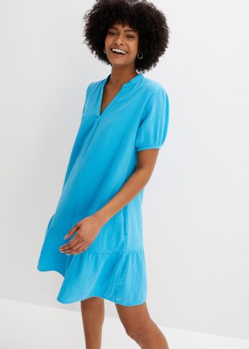 bonprix Minikleid Seitennahttaschen aus Baumwoll-Musselin, Volant, kurze Puffärmel, bequeme A-Linie