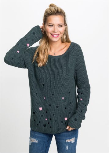 bonprix Strickpullover aus Baumwoll-Rippstrick, weiter Rundhalsausschnitt, Herzen-Stickereien