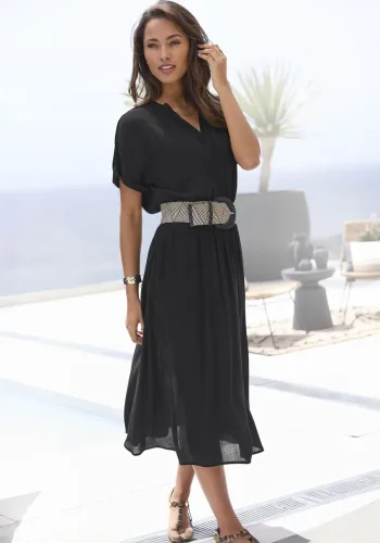 Buffalo, Buffalo Midikleid "mit Smokbund in der Taille aus gekreppter Webware" Seitennahttaschen luftiges Sommerkleid, leichtes Strandkleid, Hemdblusenkleid, casual