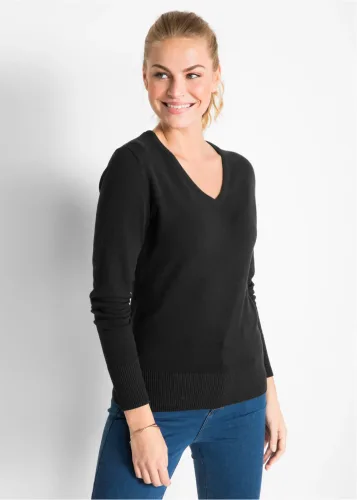 bonprix, bonprix Strickpullover "Feinstrickpullover" aus Baumwollmischung, mit V-Ausschnitt, schmale Passform