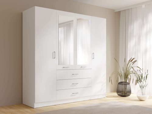 HOME AFFAIRE, Home affaire Kleiderschrank »KOS Garderobe mit 3 Schubladen, Kleiderstange, 8 Einlegeböden, Spiegel«, Wäscheschrank mit 4 Drehtüren, silberfarben Griffen, Masse B/H/T 200/200/58cm