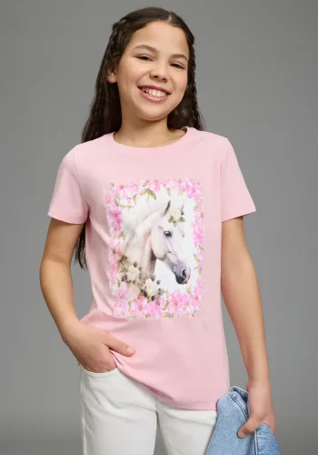 KIDSWORLD T-Shirt "Süsser Pferde-Fotodruck" für Mädchen, Kurzarm, mit Rundhalsausschnitt, mit coolem Druck