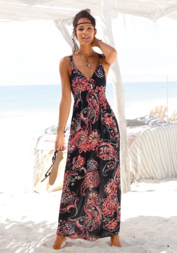 Lascana, LASCANA Maxikleid "mit verstellbarem Ausschnitt und gesmokter Taille, Jerseykleid" Ohne Taschen Sommerkleid, Strandkleid, Viskosekleid, Boho-Kleid mit Paisleymuster