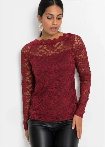 bonprix, bonprix Langarmshirt Slim fit Passform, mit Spitzen-Details, unifarben