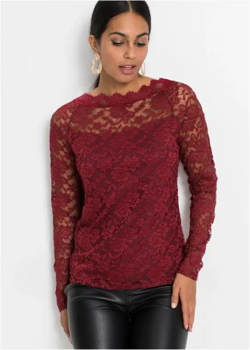 bonprix, bonprix Spitzen-Langarmshirtrot 48Damen