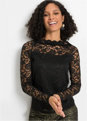 bonprix, bonprix Spitzen-Langarmshirtschwarz 40Damen
