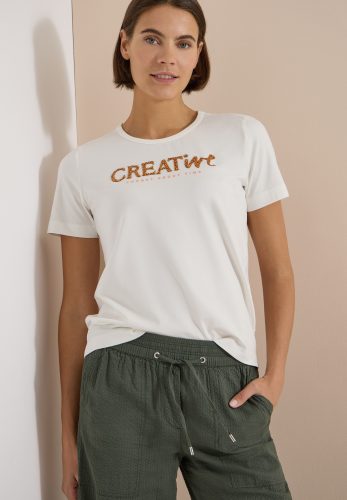 Cecil Print-Shirt Sommershirt mit Rundhals und Glitzer-Wording