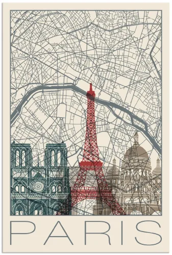 Artland, Artland Wandbild "Retro Karte Paris Frankreich und Skyline" Frankreich 1 Stk. tlg. als Alubild, Poster in verschied. Grössen
