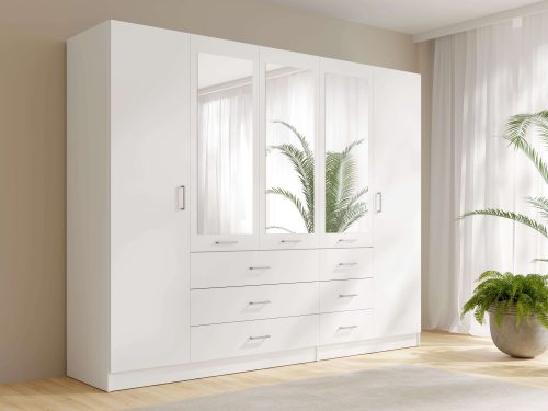 HOME AFFAIRE, Home affaire Kleiderschrank »KOS Garderobe mit 6 Schubladen, Kleiderstange, 5 Einlegeböden, Spiegel«, Wäscheschrank mit 5 Drehtüren, silberfarben Griffen, Masse B/H/T 250/200/58cm