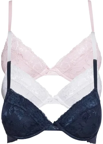 bonprix, bonprix Push-up-BH "Push-up-BH mit feiner Spitze (3er Pack)" Packung, 3er, 3 leicht wattierte Cups, mit feinem Allover-Spitze, mit Baumwollfutter