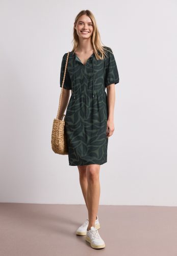 STREET ONE Sommerkleid Ohne Taschen Sommerkleid mit Split Neck und Allover-Print/Blätter-Design