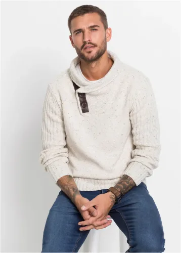 bonprix, bonprix Strickpullover mit Schalkragen und Knopfverschluss, Langarm