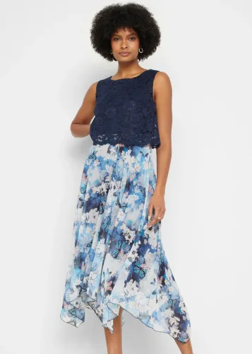 bonprix, bonprix Chiffonkleid mit feiner Spitzeblau 40Damen