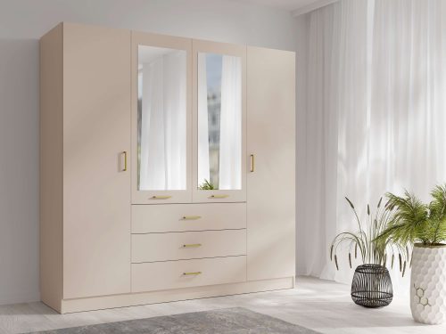 HOME AFFAIRE, Home affaire Kleiderschrank »KOS Garderobe mit 3 Schubladen, Kleiderstange, 8 Einlegeböden, Spiegel« Kleiderschrank mit 4 Türen, goldenen Griffen, Masse B/H/T 200/200/58 cm