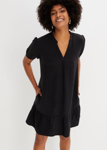 bonprix Minikleid Seitennahttaschen aus Baumwoll-Musselin, Volant, kurze Puffärmel, bequeme A-Linie
