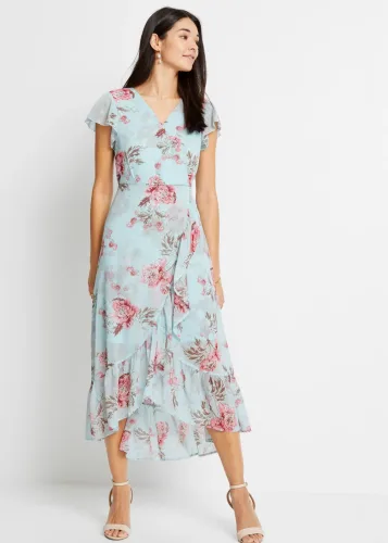 bonprix, bonprix Chiffonkleid mit Volantsblau 42Damen