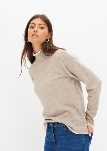 bonprix Strickpullover mit Stehkragen, kontrastfarbige Häkelkanten, bequem, meliert