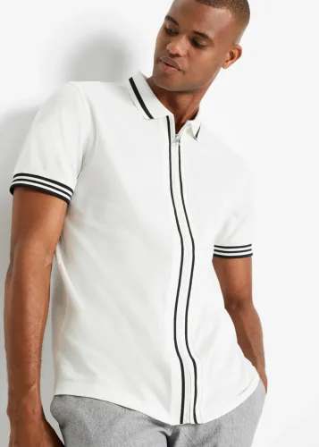 bonprix, bonprix Piqué-Poloshirt mit Reißverschluss aus reiner Baumwolleweiß 64Herren