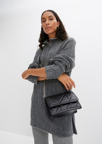 bonprix Longpullover mit Stehkragen und Reissverschluss im Troyer-Look, Zopfstrickmuster