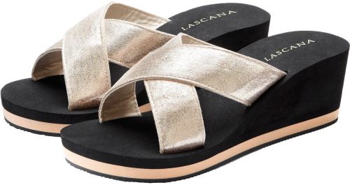 Lascana, LASCANA Badepantolette "Badeschuhe, Flip Flop, Badelatsche, Sandale" Pantolette mit Keilabsatz und Metallic-Optik VEGAN