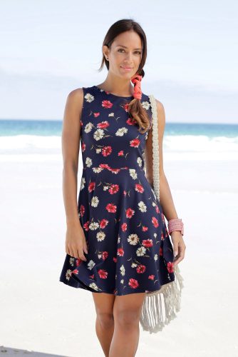 Beachtime By Lascana, Beachtime by Lascana Jerseykleid "mit Blumendruck, Sommerkleid aus elastischer Baumwolle, A-Linien-Kleid" Ohne Taschen Strandkleid, Druckkleid mit ausgestelltem Rockteil, Tellerkleid
