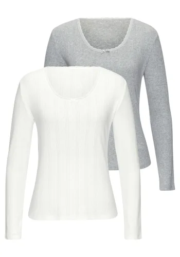 Vivance, Vivance Langarmshirt "Unterziehshirt" 2er-Pack, aus feiner Pointelle-Ware mit Spitze, reine Baumwolle