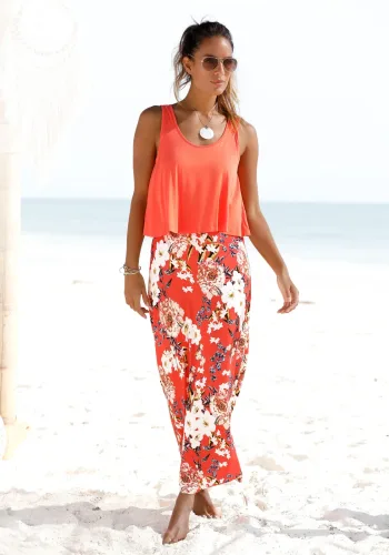 s.Oliver, s.Oliver Maxikleid "im Lagen-Look mit Blumenprint" lockeres Sommerkleid, Strandkleid, Blumenkleid, Jerseykleid