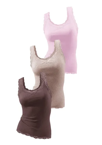 H.I.S, H.I.S Tanktop "mit Spitze" 3er-Pack, aus reiner Baumwolle, Feinripp, sommerlich leicht