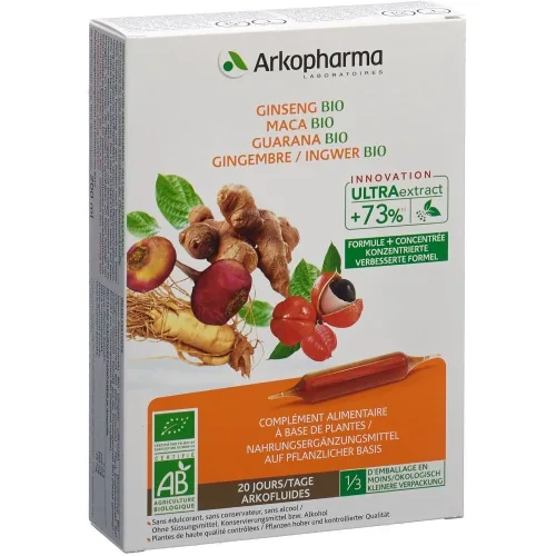 Arkopharma, ARKOFLUIDE Ginseng-Maca-Guarana-Ingwer Bio Trinkampullen (20 Stk)