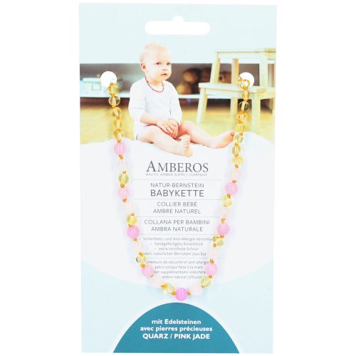 AMBEROS, AMBEROS Natur Bernsteinkette mit Edelstahl Quarz / Pink Jade (1 Stk)